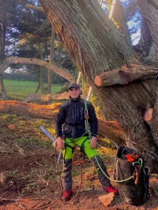 Le dirigeant d'Arbreizh se tient devant un tronc qu'il vient de couper, équipé de son baudrier et de sa tronçonneuse. Prêt à examiner vos arbres et vous conseiller sur la meilleure intervention.