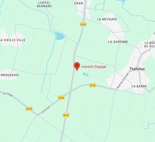Carte routière autour de La Brivaudais. Un repère rouge indique l'emplacement d'Arbreizh Élagage, entre Théhillac et La Métairie.
